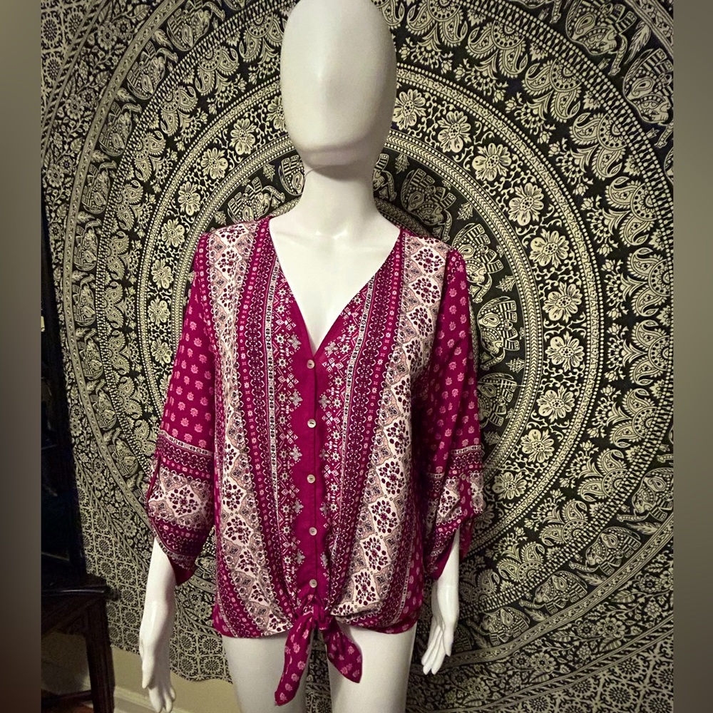 Pink-Multicolored West Kei Tie Front-Blouse!